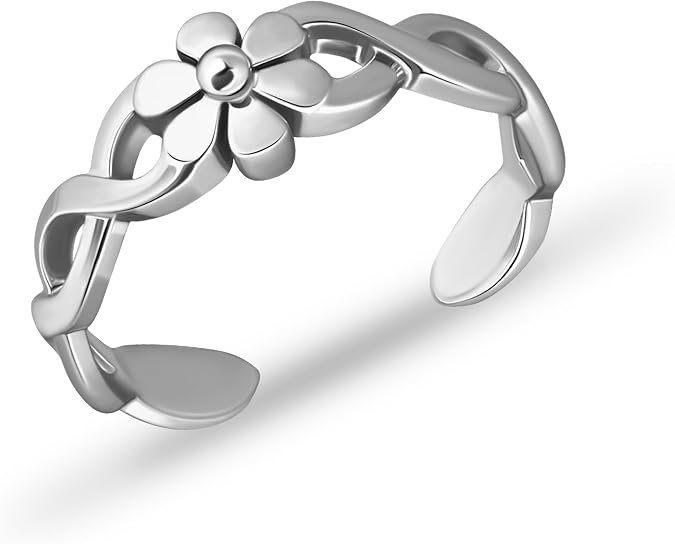 SEA OF ICE Sterling Silver Toe Ring Braided Flower Daisy Ring for Women Premium 925 Sterling Silver Toe Rings for Women Adjustable Silver Band Ring