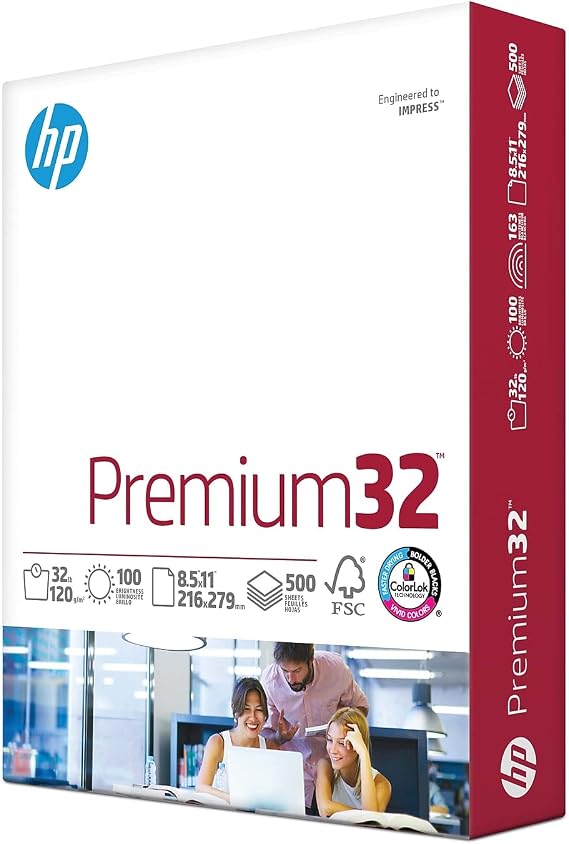 HP Paper Printer | 8.5 x 11 Paper | Premium 32 lb | 1 Ream - 500 Sheets | 100 Bright | Made in USA - FSC Certified | 113100R