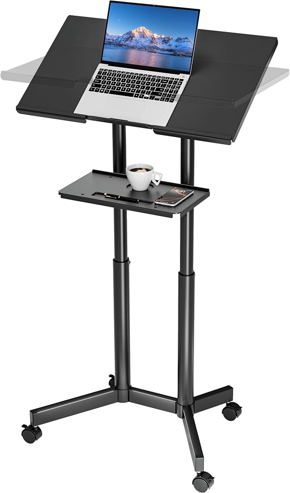 BONTEC Adjustable Mobile Laptop Desk, Rolling Stand-Up Desk with Wheels, 60x40 cm Height Adjustable, Portable Podium, Ergonomic Tilted Top Platform, Mobile Workstation for Home Office