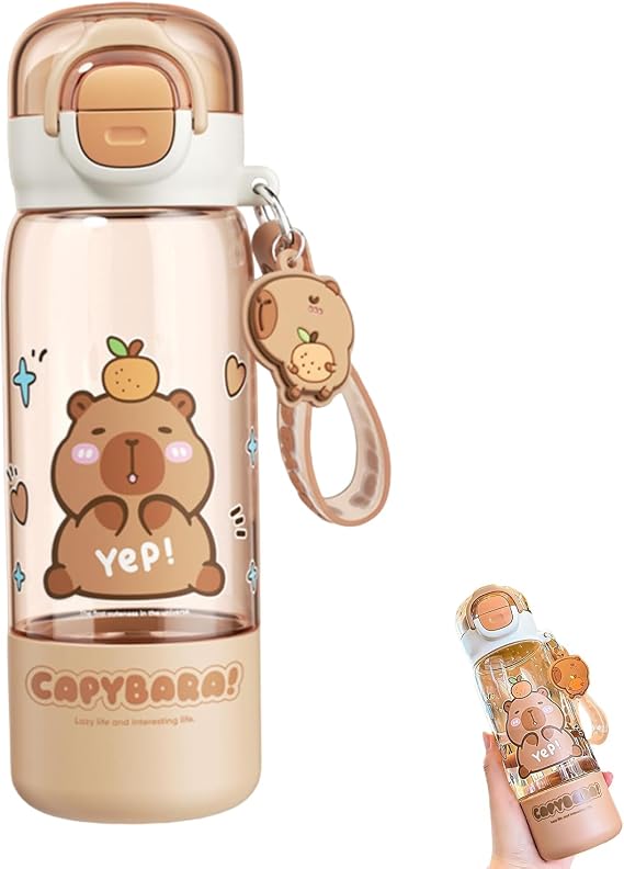 510 ml Capybara Water Bottle with Lid and Keychain, Cute Water Bottle With Silicone Straw for Girls, Capybara Stuff Collection, Daily Use for School and Office, Outdoor Travel Companion
