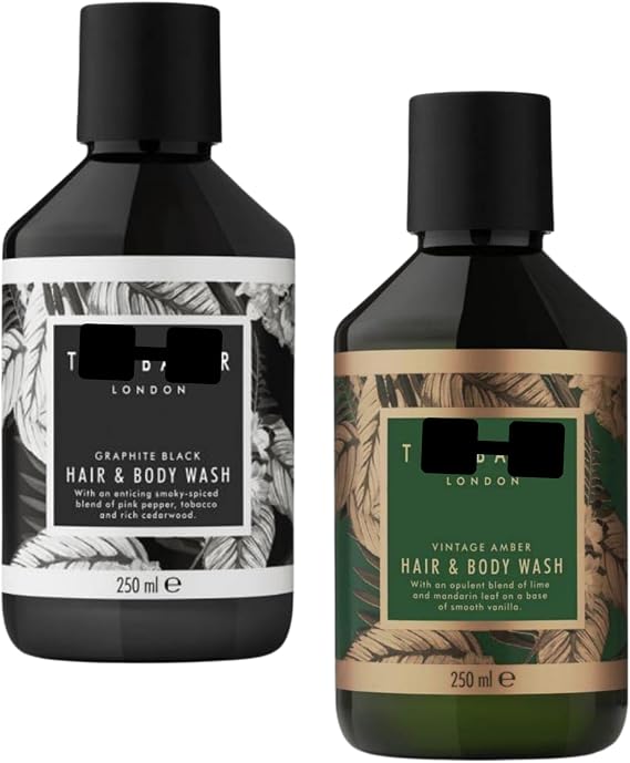 Ted B. Men's Hair & Body Wash Set, Graphite Black and Vintage Amber, 250ml Each, With Smoky-Spiced and Mandarin Scents