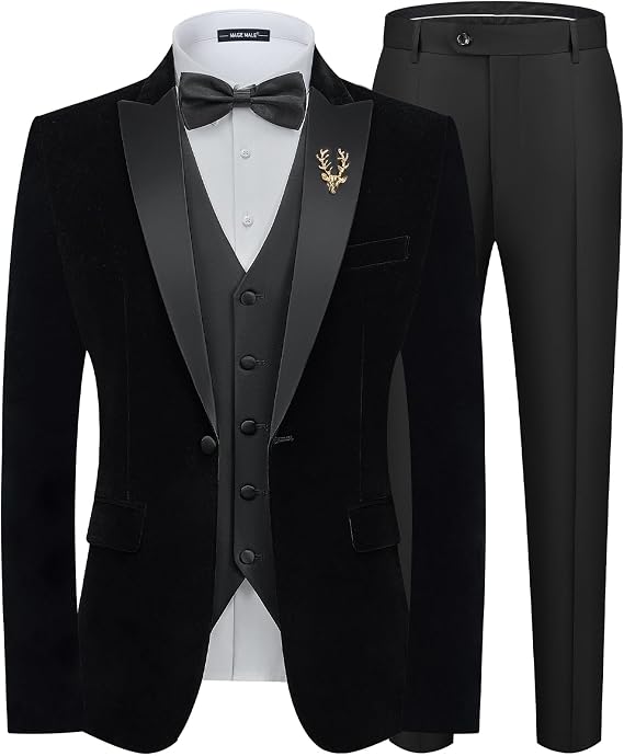 MAGE MALE Mens Velvet Suits 3 Piece Slim Fit Peak Lapel Tuxedo Suit Set