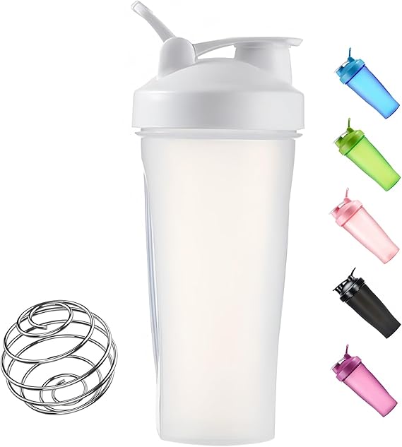 Protein Shaker Bottle 600ml, Secure Leakproof Protein Shake Mixer Bottle, Steel Mixing Ball For Lump Free Smooth Shake, BPA Free, Dishwasher Safe for Gym & Sports Shaker Bottle (White)