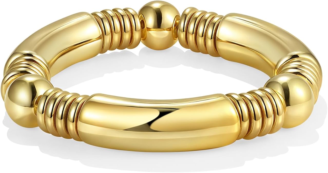 14K Gold Plated Bangles Bracelet for Women Chunky Curved Stacking Plated Bead Ball Stretchable Bracelets