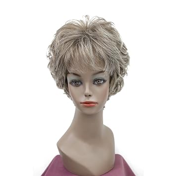 Lydell Women's Wigs Fluffy Natural Curly Short Synthetic Hair Full Wig (48T Light Gray with Dark Root)