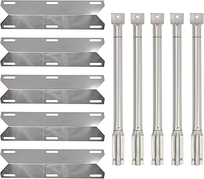 5-Pack BBQ Gas Grill Tube Burner & Heat Shield Plate Tent Replacement Parts for Charmglow 720-0396 - Compatible Barbeque Stainless Steel Pipe Burners & Flame Tamer, Guard, Deflector, Flavorizer Bar
