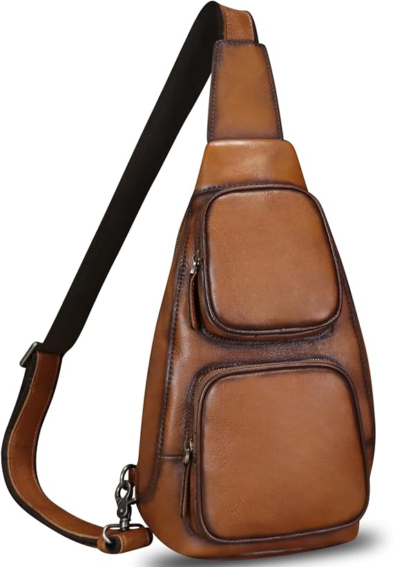 Genuine Leather Sling Bag Retro Crossbody Sling Backpack Handmade Chest Purse Hiking Daypack Cycling Fanny Pack (Brown)