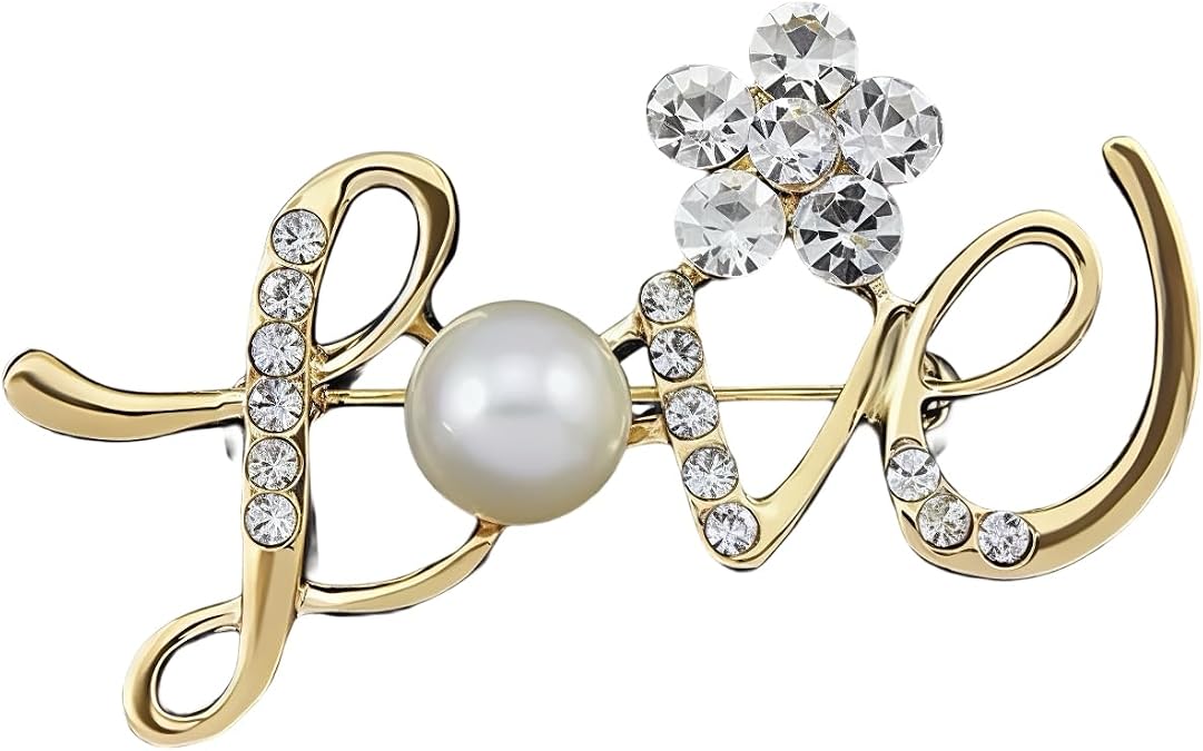YUNXI Dainty LOVE Letter Brooch with Rhinestone Flower Pearl Sparkling Crystal Love Brooch Pin for Women Party Jewelry for Blouse, Dress, Scarf, Hat