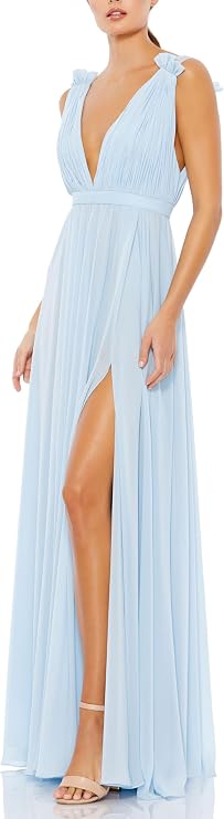 Mac Duggal Pleated Chiffon Sleeveless V-Neck Gown