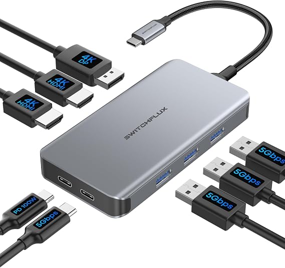 Laptop Docking Station 3 Monitors, Triple 4K Display 2 HDMI, DP
