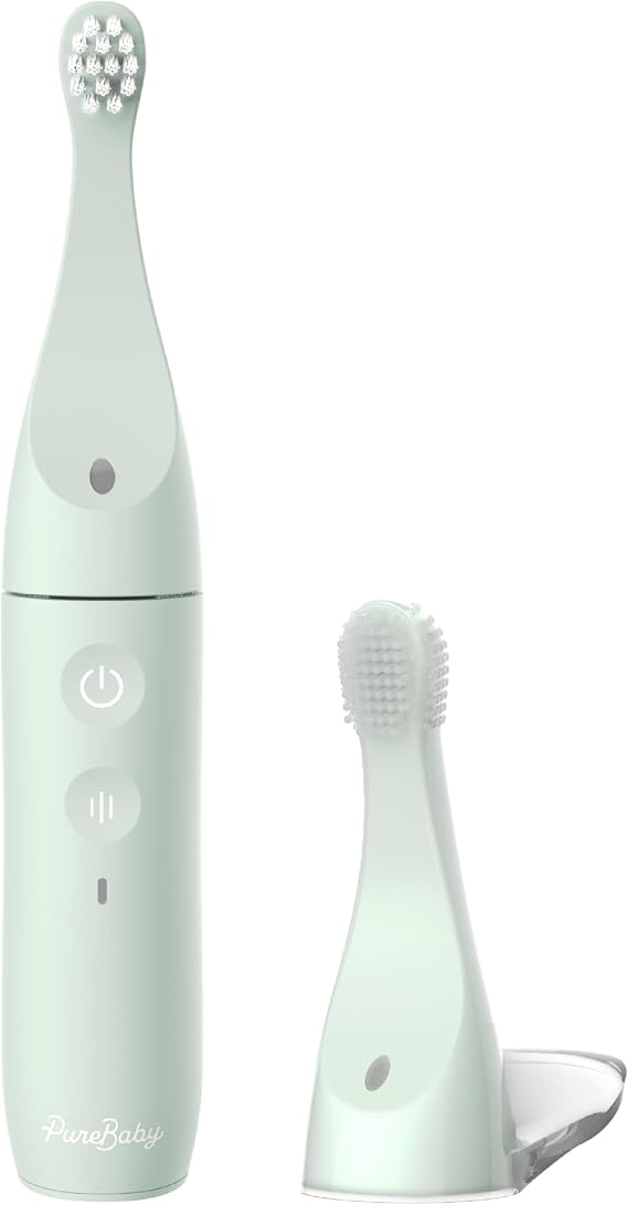 Pure Enrichment PureBaby Infant-to-Toddler Electric Toothbrush - Waterproof Baby & Toddler Toothbrush with Silicone & Bristle Heads, Sonic Vibration, Timer - Ages 6 Mo-3 Yrs (Sage Green)