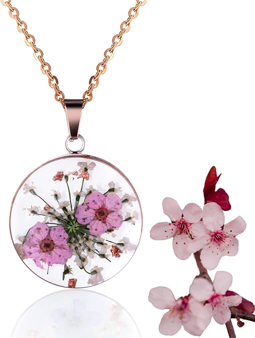 Halukakah 18k Gold/Rose Gold Plated Wild Flower Necklace for Women,Handmade Queen Anne's Lace Pressed,Unique Resin Birth Flower Jewelry Gift for Her,Real Flowers in Bezel Pendant,18" Chain
