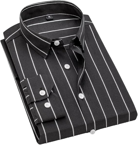 Men's Long Sleeve Lapel Stripe Shirts Dress Single Breasted Regular Fit Casual Tops