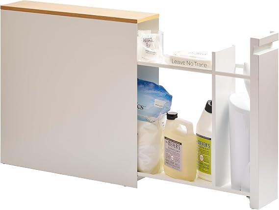 YAMAZAKI Home Pull-Out Bathroom Storage Cabinet with Wood Top, White | Slim space-saving bathroom storage cabinet with a natural wood top. Clever pull-out design. Holds 12 rolls of toilet paper.