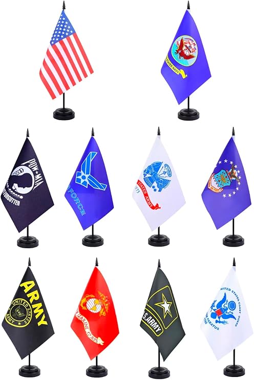 Military Desk Flag Set 12" Solid Pole Deluxe Set Army Flags Mini Small Armed Forces Office Table Flags with Black Stand Base for Memorial Day Veterans Day US Fourth of July Decorations(10Pack)