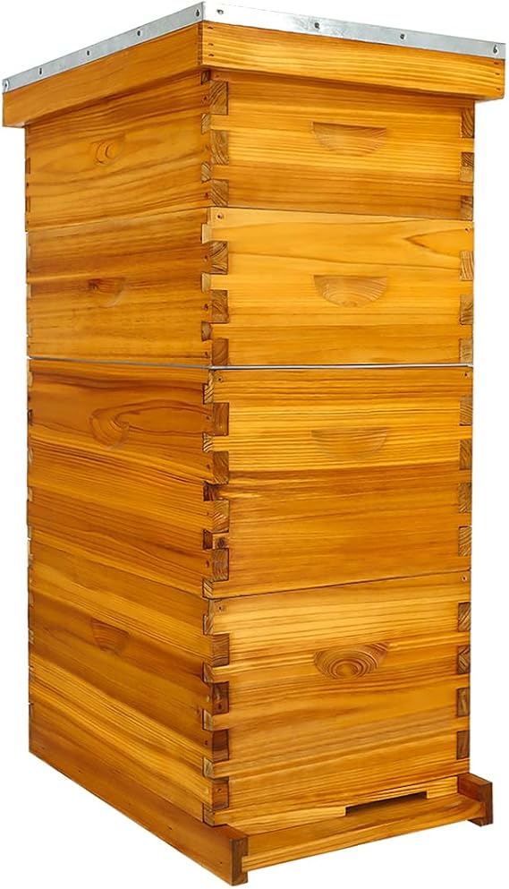 Honey Lake 8 Frame Bee Hive Dipped in Beeswax, Langstroth Complete Beehives Starter Kit Includes 2 Deep Brood Box and 2 Medium Super Box with Beehive Frames and Waxed Foundation Sheet