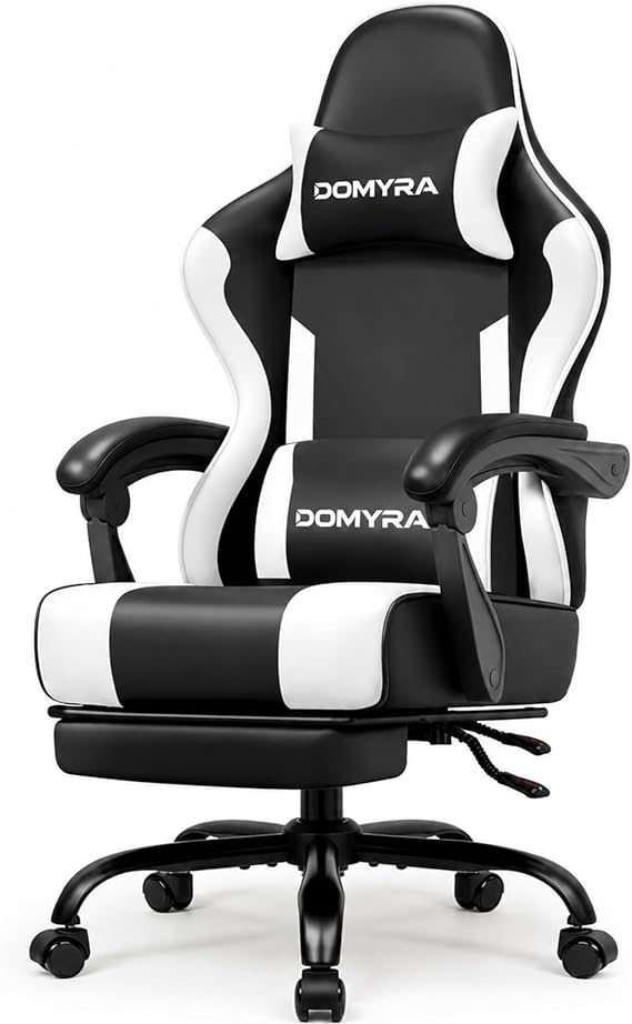 Gaming Chair Gamer Game Ergonomic with Footstool Lumbar Support Deep Black | Headrest, Height and Backrest Adjustable, Deep Black Leather, 210 KG Heavy Duty Load Capacity 52cm Wingless Cushion