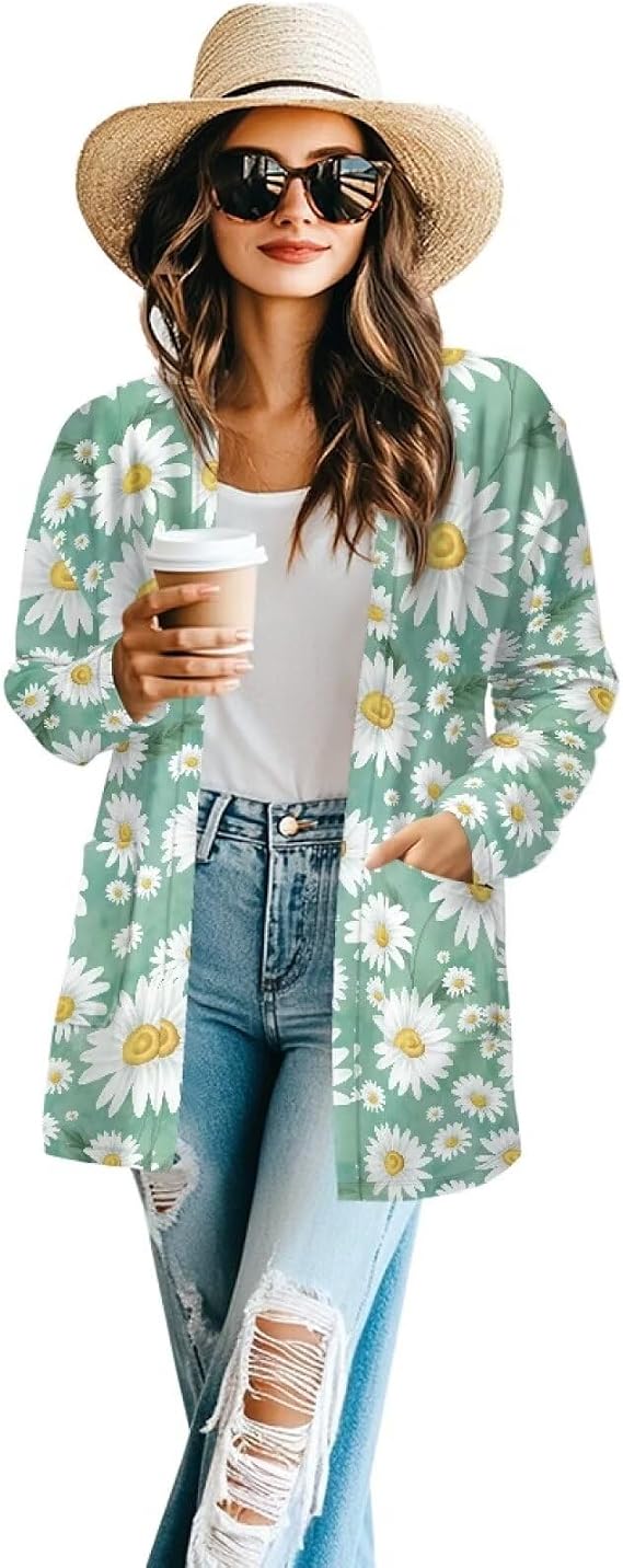 Cardigans for Women Long Sleeved Open Front Cardigan Lightweight Coat Loose Casual Jacket with Pockets