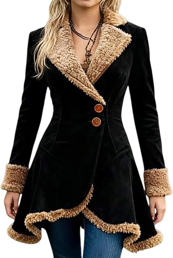 Womens Faux Suede Jacket Sherpa Lined Leather Trench Coat Fleece-Lined Mid-Length Jacket Furry Trim Peplum Coat Outwear