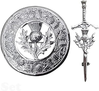 Scottish Thistle Design Kilt Pin and Fly plaid Brooch Chrome Finish