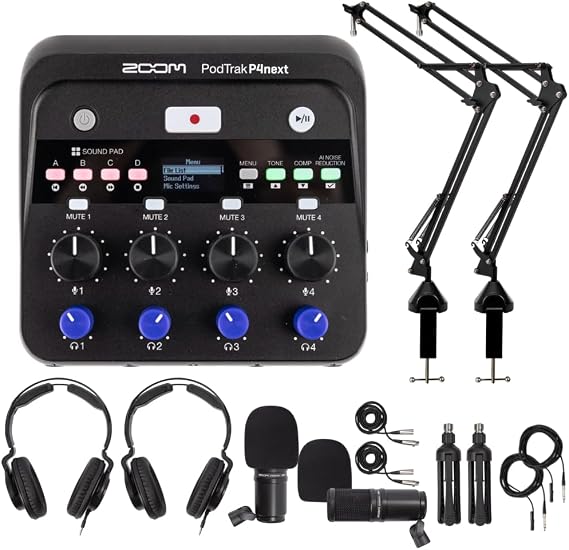 Zoom PodTrak P4 Recorder Bundle | Includes Podcast Microphone Pack Accessory (2 Pack) and Microphone Suspension Heavy Boom Scissor Arm (2 Pack)