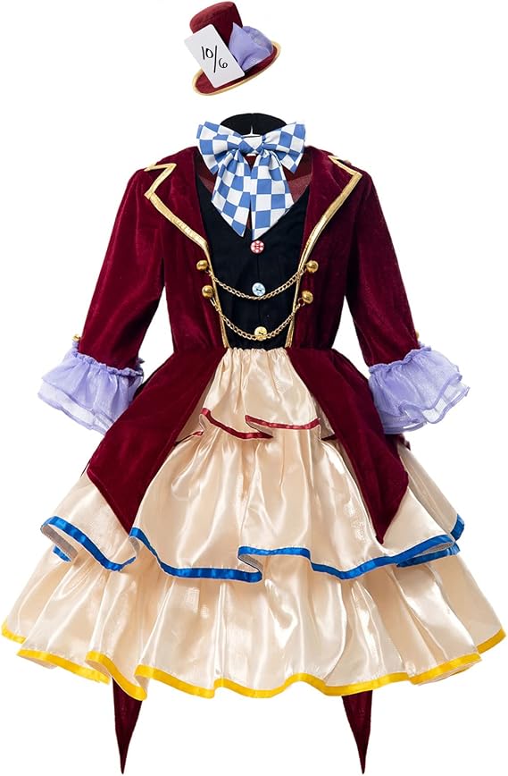 CR ROLECOS Mad Hatter Costume for Girls Kids Fairytale Tea Party Dress Outfit