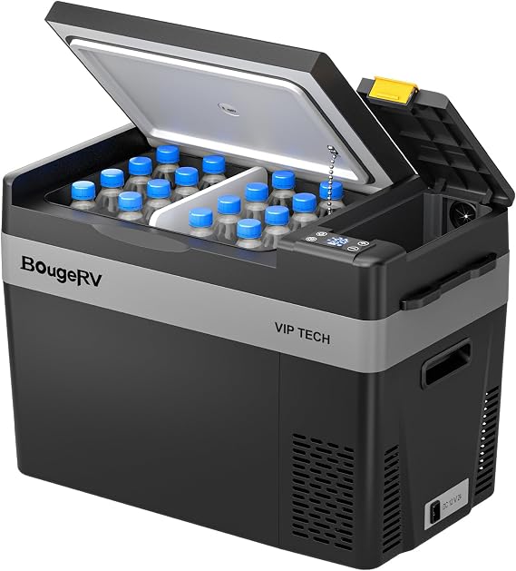 BougeRV 12V Refrigerator CRPRO VIP 30QT,8F~50F, Portable Fridge, Black | Electric Cooler with Built In Storage Compartment, 4 Tie Down Points, No Ice Needed, Fridge or Freezer, 12/24V DC, 110V AC