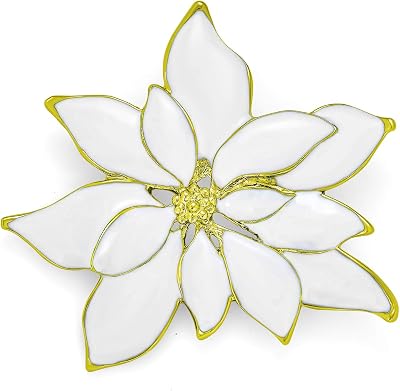 Bling Jewelry Large Statement Flower Holiday Party Poinsettia Brooch Christmas Scarf Pin for Women - White Enamel with Gold Plating