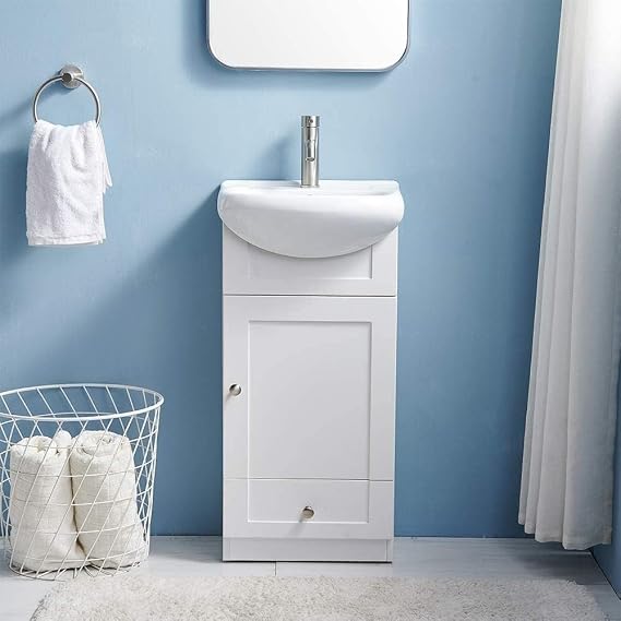 18" Small Bathroom Vanity, White Bathroom Vanity with Sink, Narrow Bathroom Vanity Cabinet Sink Set for Small Space, Modern Bathroom Vanities with 1 Door and 1 Drawer