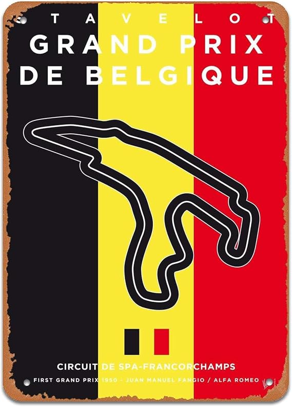 Belgium F1 Merchandise Grand Prix Circuit Vintage Metal Sign Gift or Formula One Fans or Wall Art Decoration, Mens Bedroom Accessories, Garage Tin Art, Game Rooms And Home Offices Flag Sign Plaques