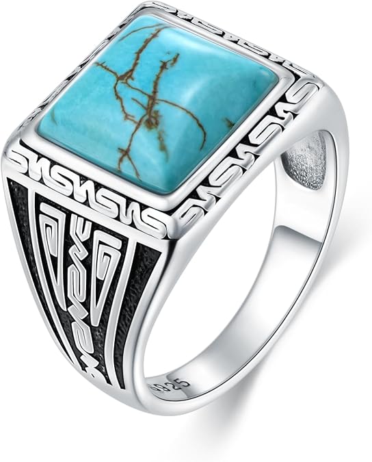 Genuine Square Turquoise Rings for Men 925 Sterling Silver 11MM Natural Real Gemstone Ring Vintage Western Jewelry for Him Husband