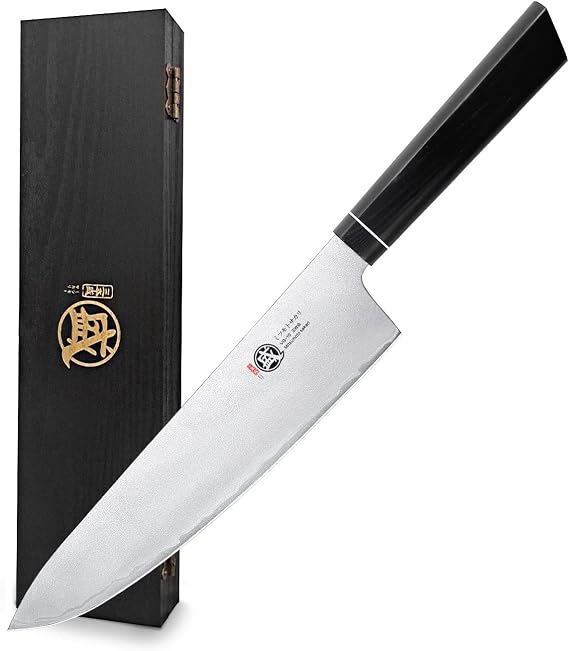 MITSUMOTO SAKARI 8 Inch Japanese Gyuto Chef Knife VG-10 Hand Forged | Frosted Blade Finish, Food Release Design, G10 Micarta Handle, Fine Ingredient Preparation, Sandalwood Storage Box