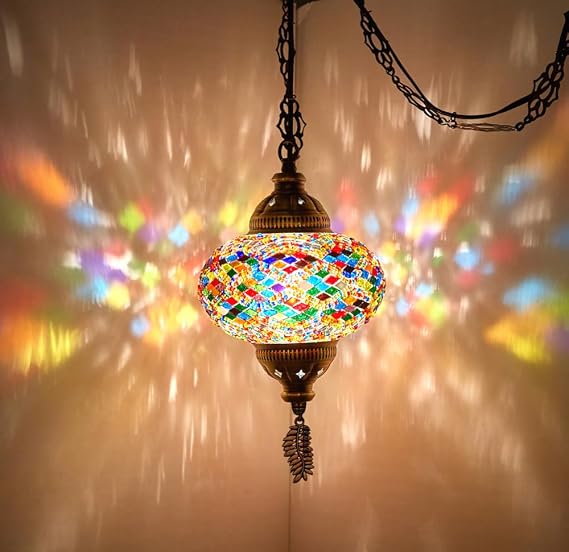 DEMMEX Plug-in Turkish Moroccan Mosaic Hanging Pendant Ceiling Light Swag Lamp Fixture with 15ft Cord & Chain, Handcrafted Glass, Tiffany Style, Mediterranean Decor (Multicolor)