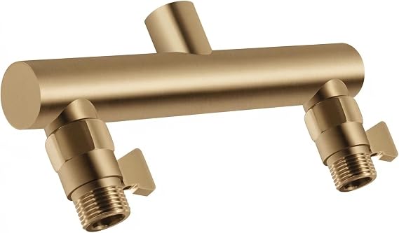 Shower Head Manifold with Double Outlet and Shut Off Valves for Dual Sprayer Showering System,Can Connect Two Showerheads,Brushed Gold,STG04
