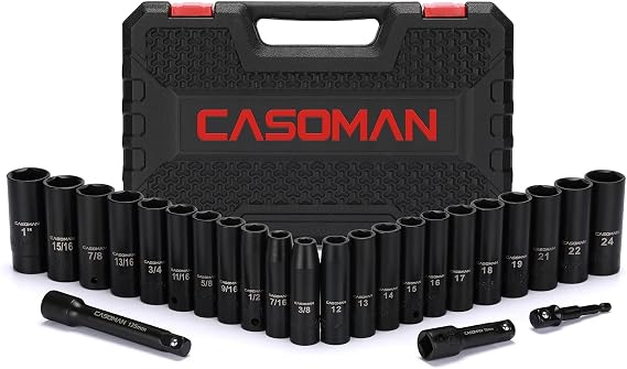 CASOMAN 25PCS 1/2" Drive Impact Socket Set, Deep, Cr-V Steel, 6 Point, Metric&SAE, 12mm to 24mm, 3/8 Inch to 1 Inch, Includes Extension Bars: 3-inch, 5-inch, 1/2-1/4 adapter