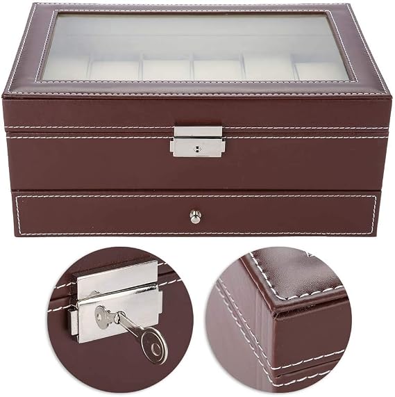 Doppelschichten 12 Grid Uhr Aufbewahrungsbox PU Kohlefaser Ledertasche Organizer Watch Schmuckschatulle Armband Organizers Display Boxen mit Kissen und Glasdeckel