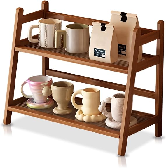 2-Tier Coffee Station Organizer, Bamboo Kitchen Counter Shelf Condiment Storage Rack Wooden Coffee Stand Organizer for Tea Matcha Mug Holder Kitchen Accessories