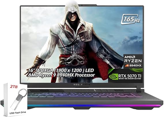 ASUS ROG Strix G16 16" WUXGA LED IPS 165Hz 300nits Gaming Laptop AMD Ryzen 9 8940HX NVIDIA RTX 5070 Ti 12GB 16GB DDR5-5600 RAM 1TB SSD Wi-Fi6E Backlit KB Win11 Eclipse Gray w/2TB USB Drive, W/GaLiMu