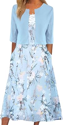 XNC Womens 2 Piece Set Fashion Fresh Plant Print Midi Dress V-Neck Half Sleeve with Jacket A-line Dresses Lounge Outfits
