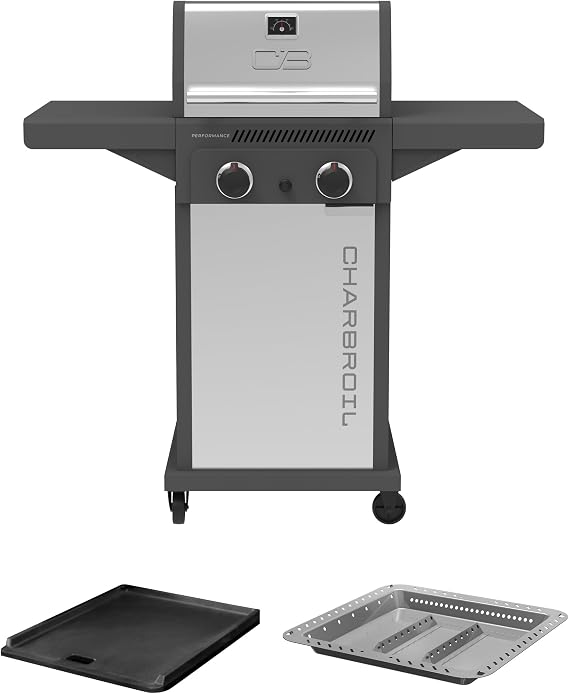 Charbroil Performance Series 2Burner Gas Grill Bundle with Griddle Insert & Gas2Coal Charcoal Tray, Stainless Steel