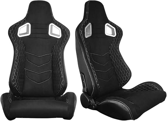 FREEMOTOR802 Universal Reclining Racing Seats Pair, Suede, Black 06 | Ergonomic Sport Seats, High-Density Foam Cushion, Dual Lock Slide Rails