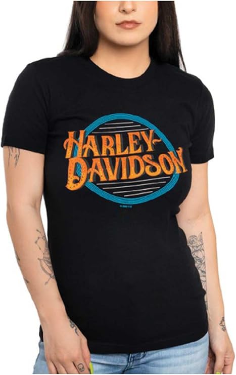 Harley-Davidson Women's Bling Liners Neon Crew-Neck Short Sleeve Tee, Black
