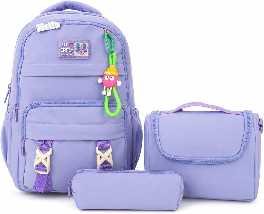 Butterfly Beş Bölmeli Ortopedik Okul Çanta Seti, Kalemlik ve Termos Beslenme Çantası, Lila, Unisex
