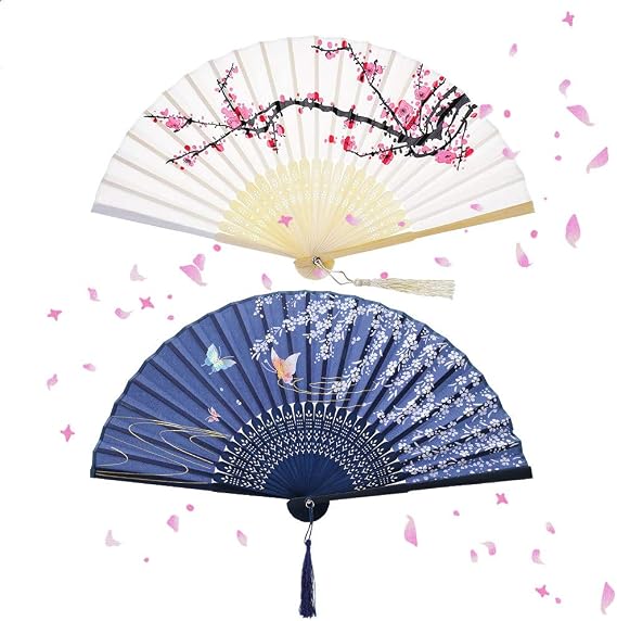 2 Pieces Folding Hand Fans for Women, Chinese Handheld Folding Fan | Silk Fabric Hand Fans, Hollow Carved Bamboo Fans with Tassel, Manual Hand Fan Folding for Wall Decoration/Wedding and Gifts
