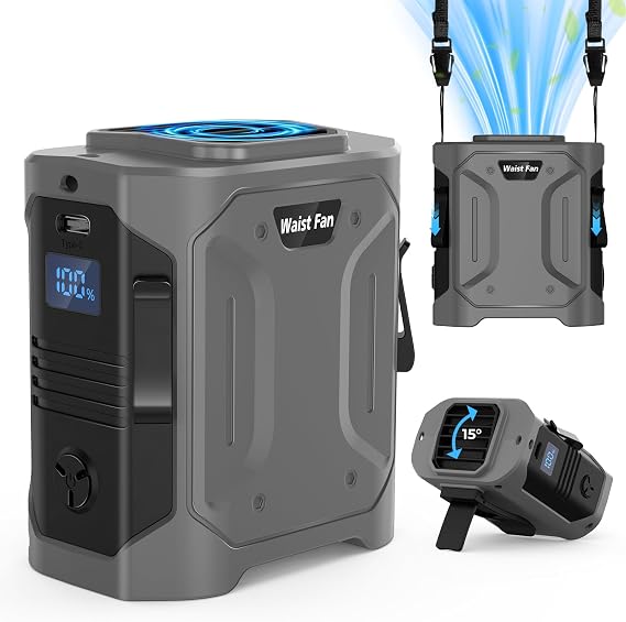 Portable Waist Fan Clip-On 10000mAh: Belt Neck Personal Fan Rechargeable 5 Speeds & LED SOS Light 35H Runtime - Shirt Outdoor with Power Bank for Camping Travel Workout Jobsite (Grey)