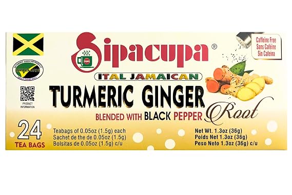 Sipacupa Turmeric Ginger Tea with Black Pepper, Caffeine Free, 24 Bags