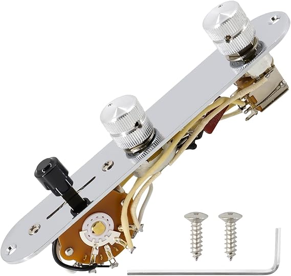 Fully Loaded Guitar Control Plate(250k pots/0.022uF Orange Capacitor)Prewired 3-way Blade Switch Large pots Knurled Volume Tone Controls Knobs Fit for 6 String Electric Telecaster Style Guitars