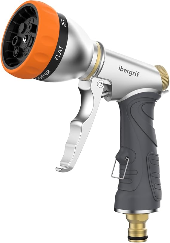 Ibergrif Hose Pipe Spray Gun, High Pressure Hose Nozzle and Heavy Duty Metal Garden Hose Spray Gun, 7 Patterns and Water Flow Control, for Lawn & Garden Watering Equipment, Orange/Gray