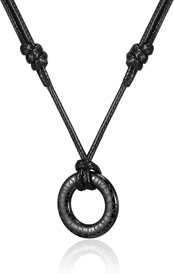 Viking Rune Necklace Men Braided Leather Necklace with Gold Silver Black Round Rune Pendant Stainless Steel Nordic Talisman Pendant Necklace Jewellery Gifts for Men Women