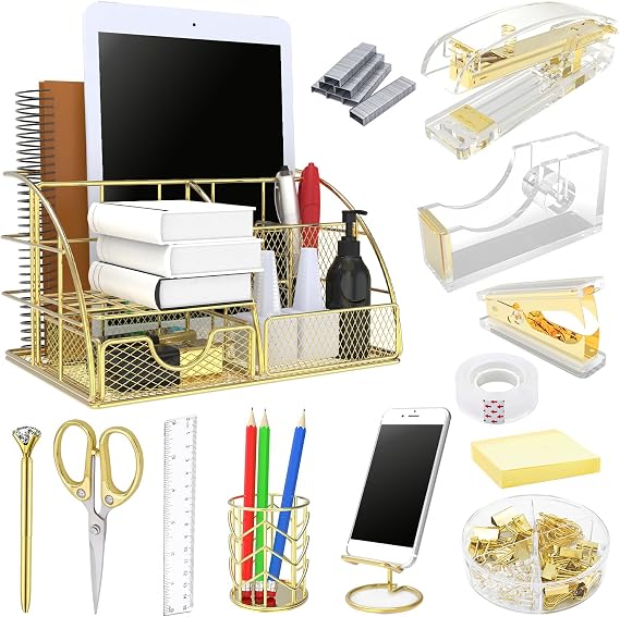 Office Desk Organizers, Gold 13PCS Office Supplies and Accessories Desk Organizer, Acrylic Stapler, Staple Remover, Clips, Scissor, Phone Holder, Pen, Pen Holder